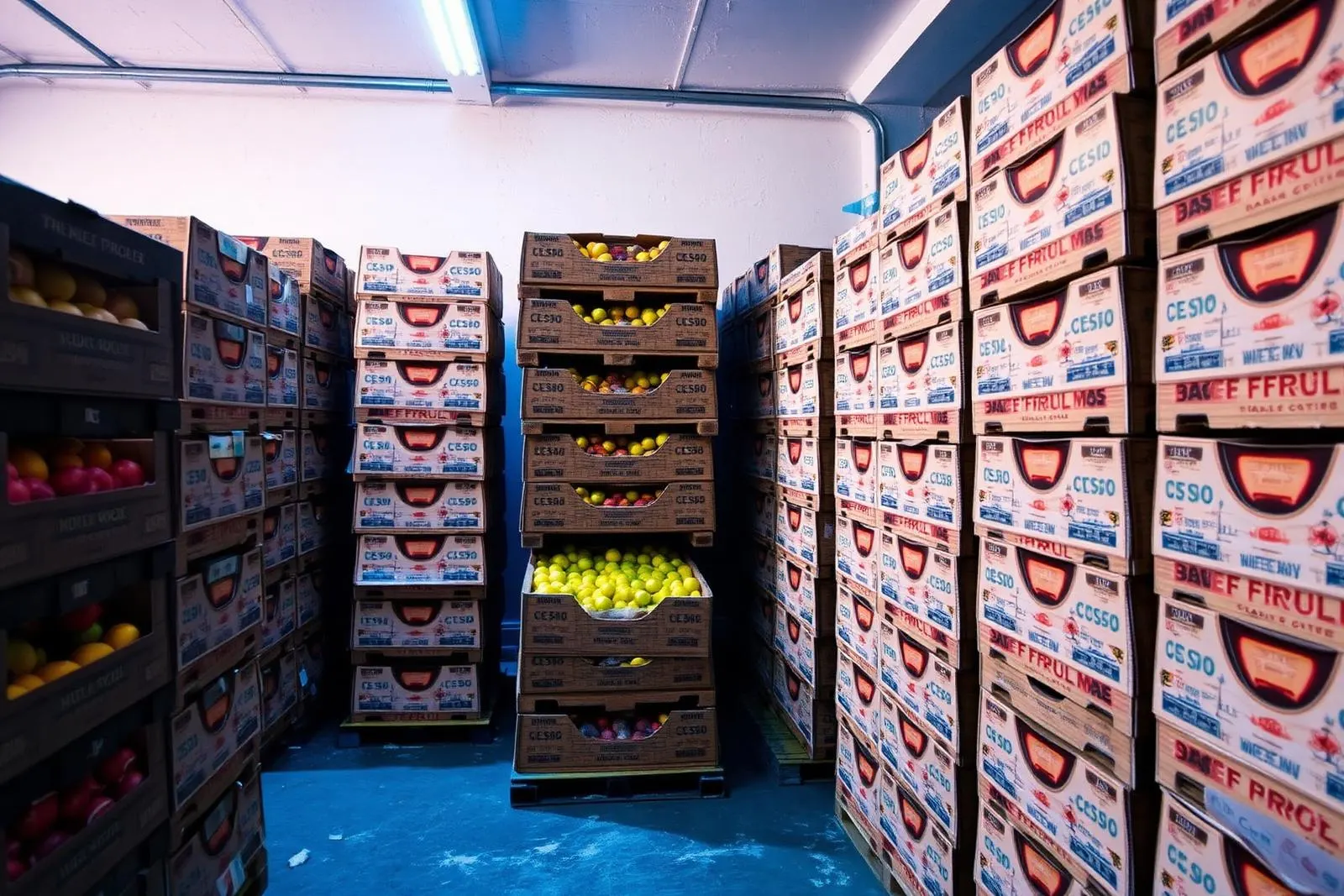 Stacked cartons of fresh fruit held inside a cold storage room