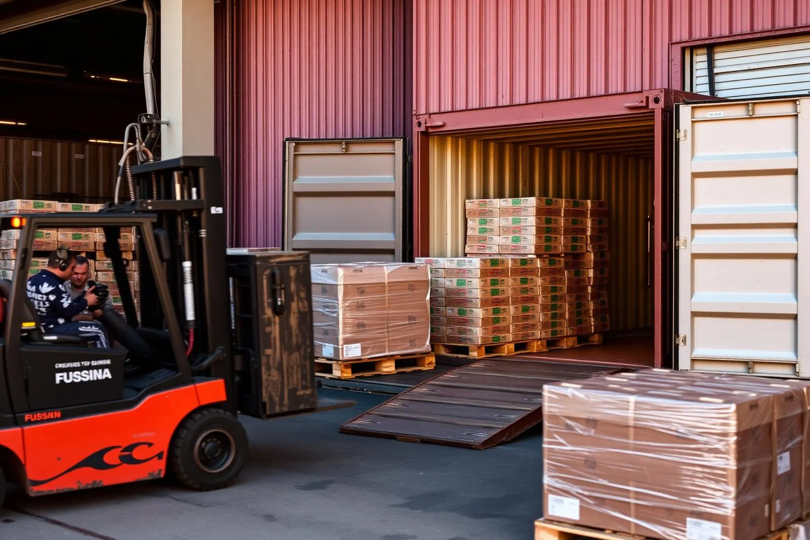 Pallets of export cartons being loaded into a refrigerated shipping container