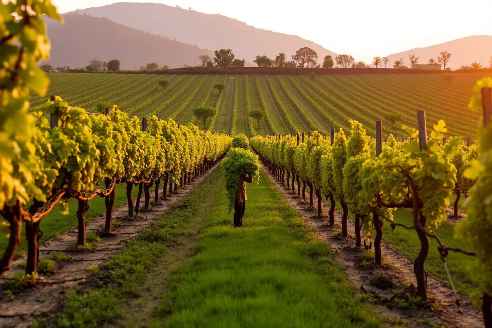 Trellised grape vines in an associate grower's vineyard near Nashik at golden hour