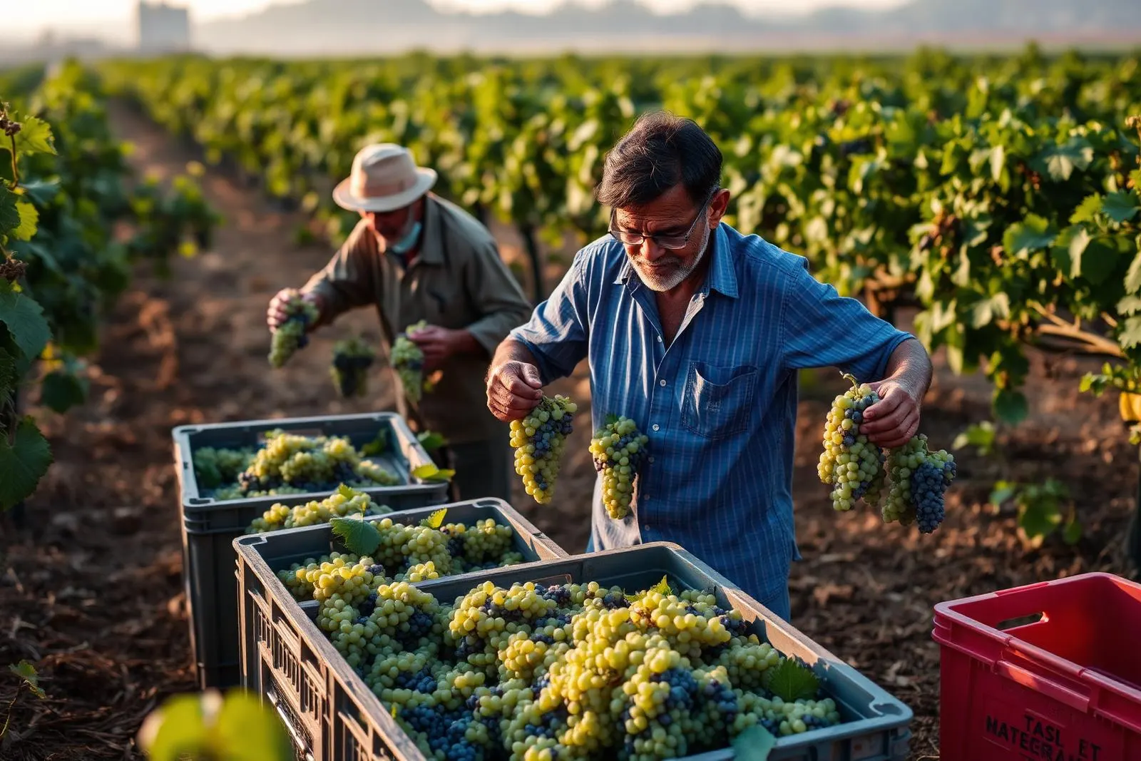 Farm workers hand-picking bunches of grapes into harvest crates in the vineyard