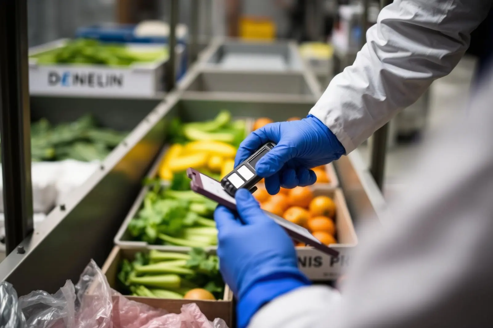 A gloved quality inspector checking incoming fresh produce at the pack house intake bay