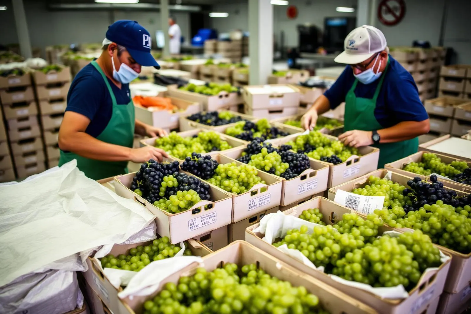 Workers packing fresh grapes into labelled export cartons at the packing station