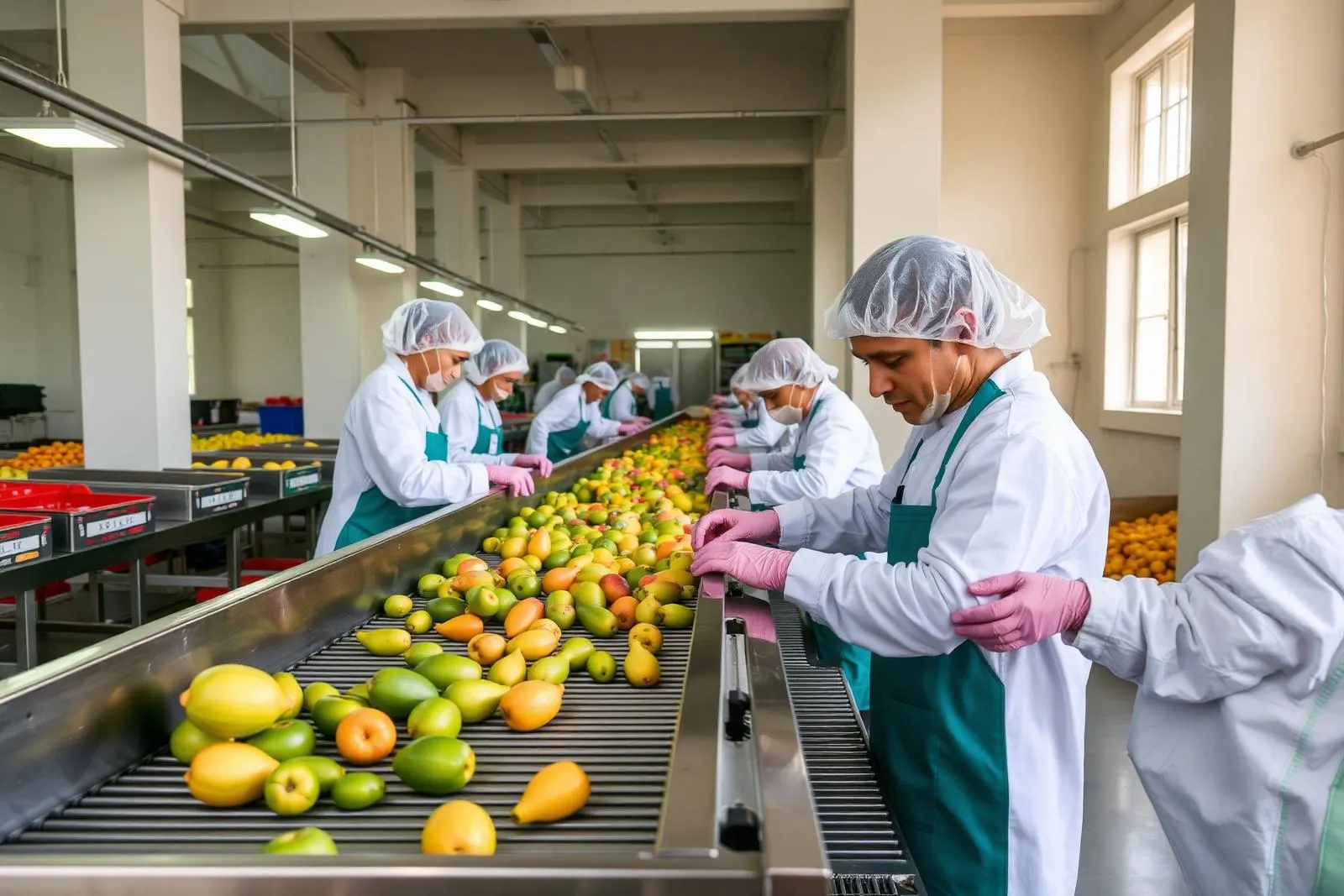 Workers in hairnets sorting and grading fresh fruit along a stainless steel line