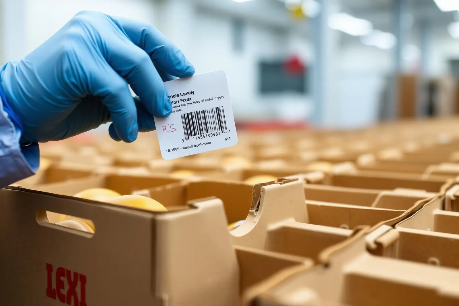 A traceability label with a barcode being applied to an export carton of fresh produce