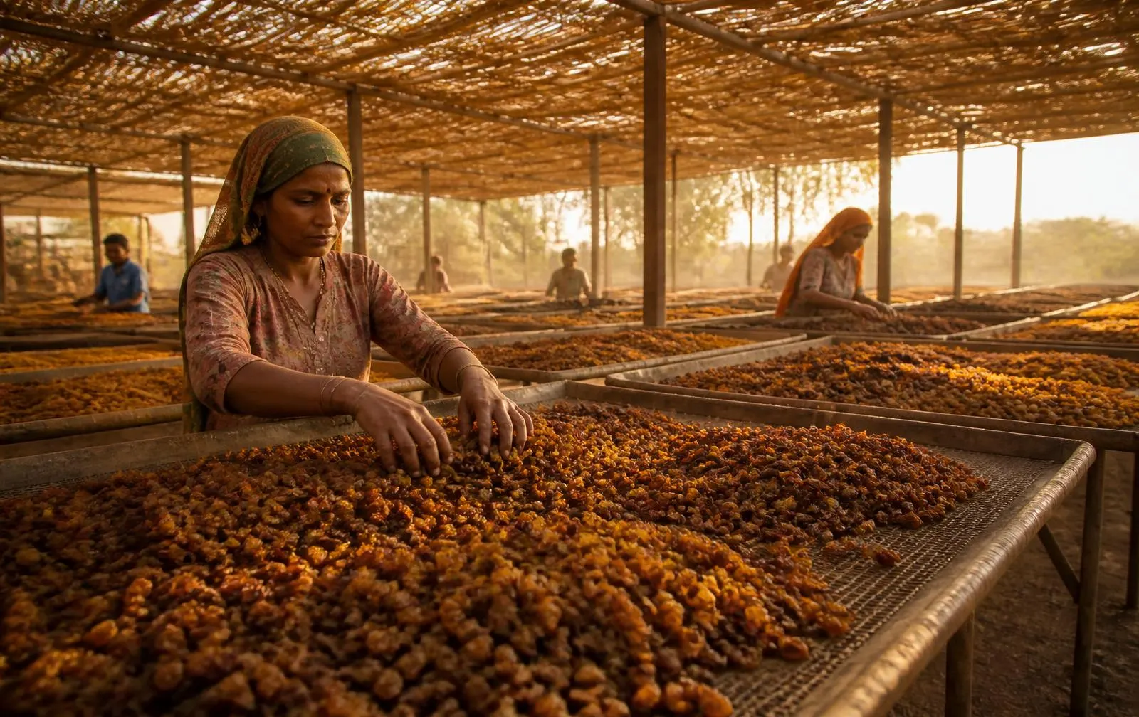Grapes drying into raisins on shaded racks at an Indian drying yard