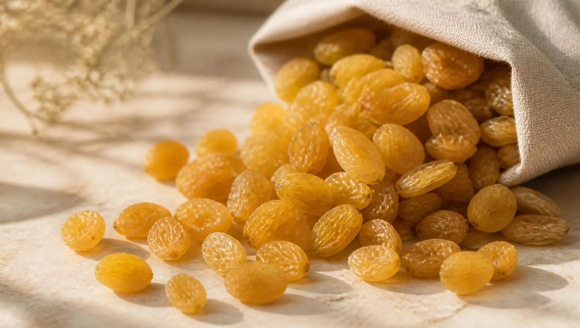 Golden Indian raisins spilling from a linen sack onto a pale stone surface