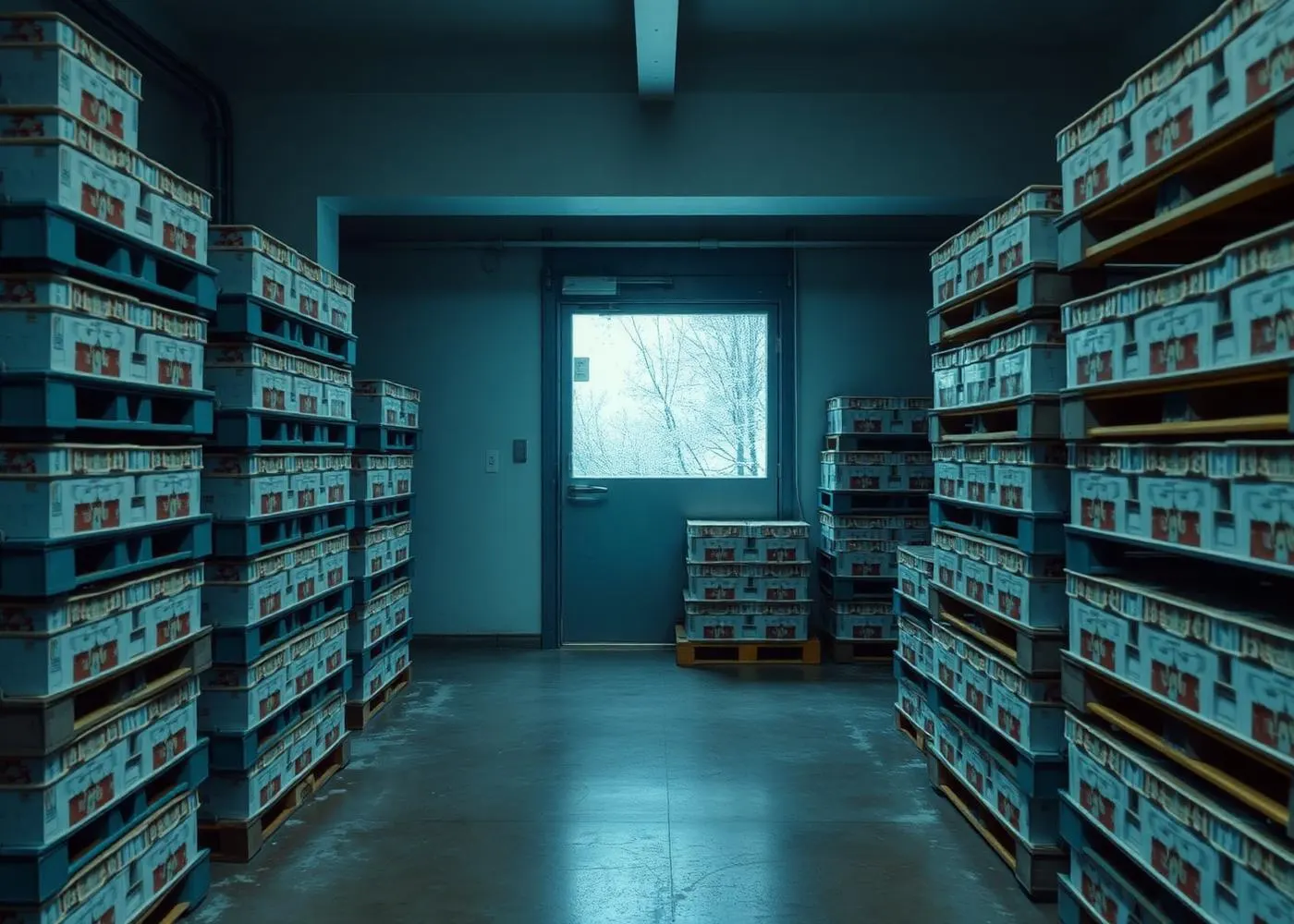 Palletised fruit cartons inside a cold storage room