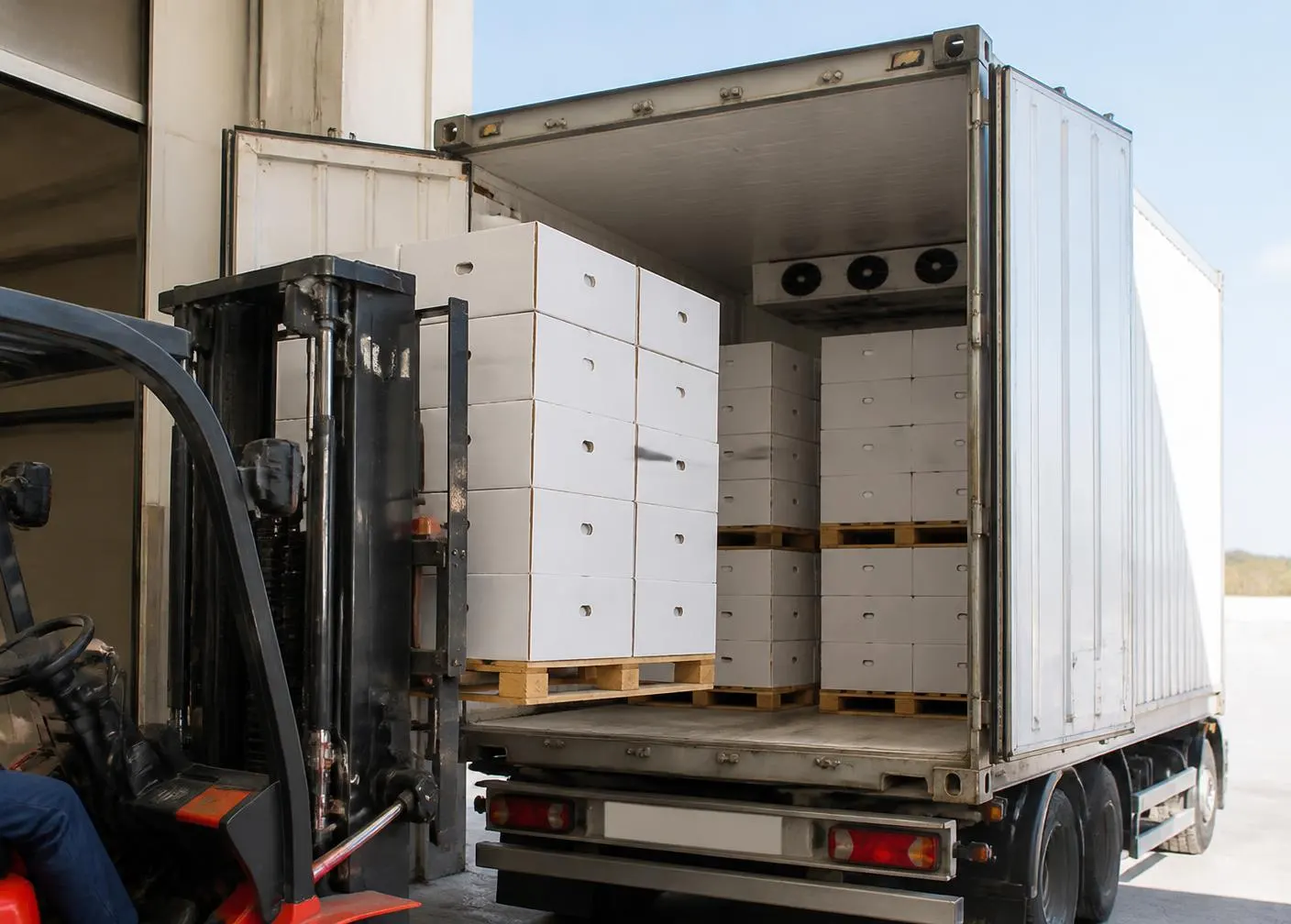 Pallets being loaded into a refrigerated shipping container