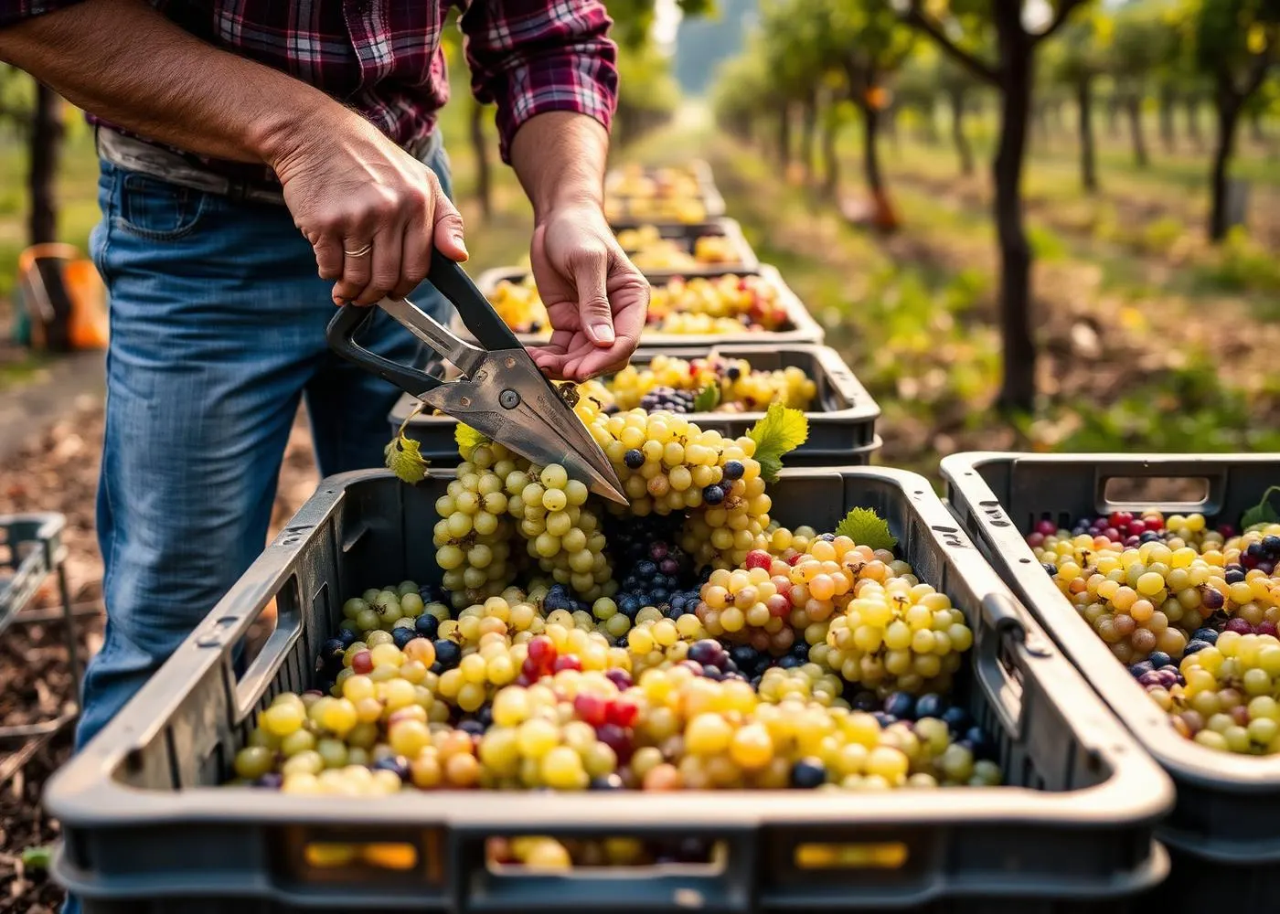 Workers harvesting grapes into field crates