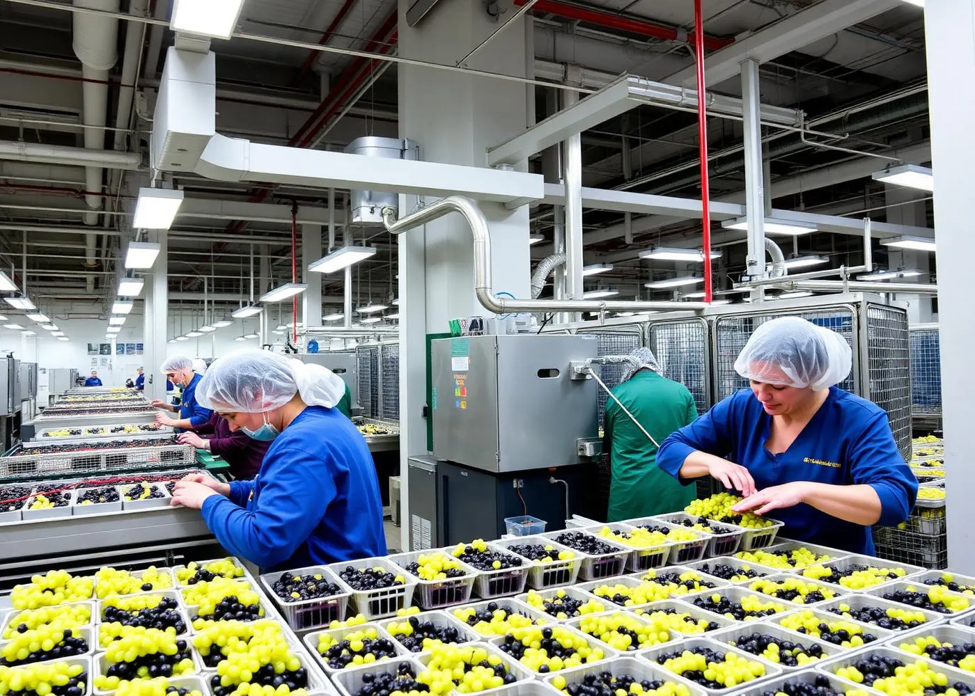 Pack house line with workers packing fresh grapes