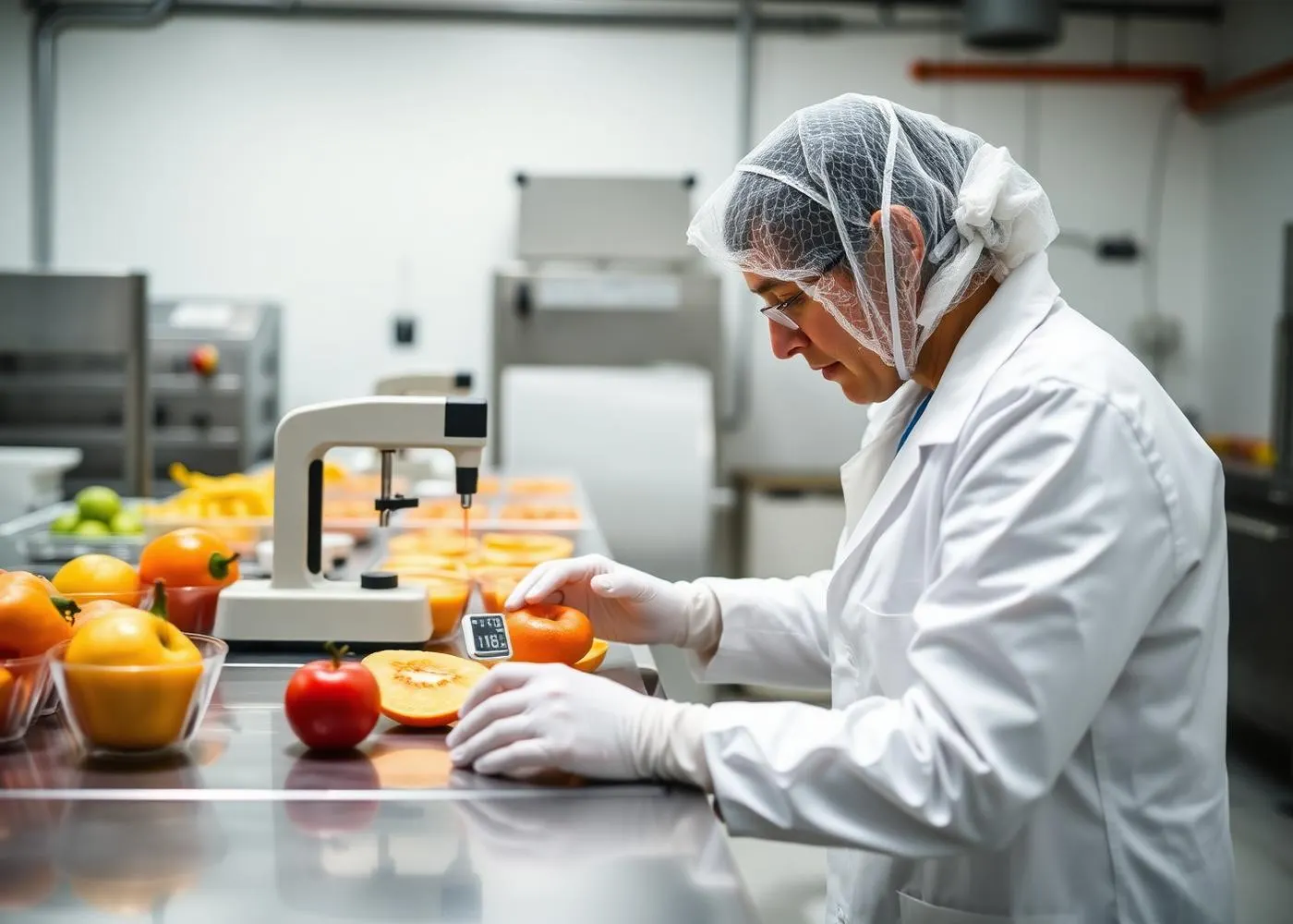 Quality technician inspecting fruit samples in a laboratory