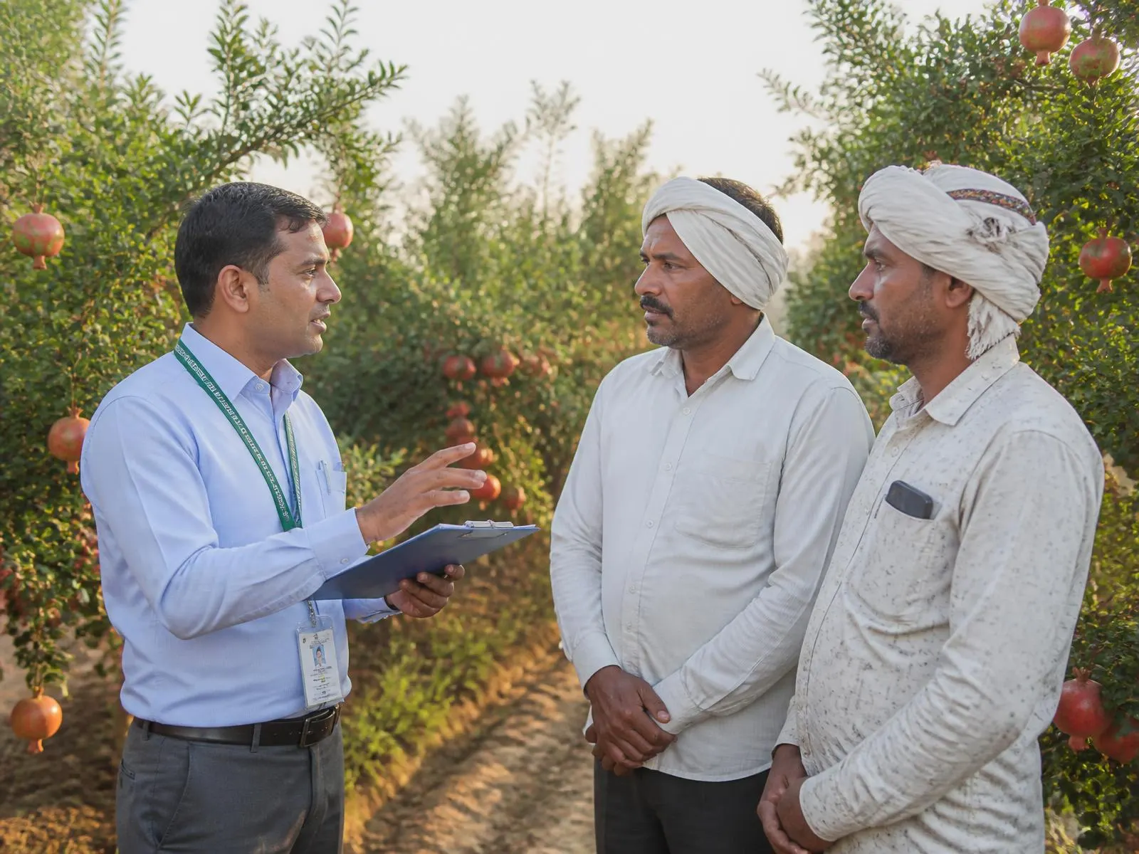 An agronomist discussing crop practice with two farmers in a pomegranate orchard in India