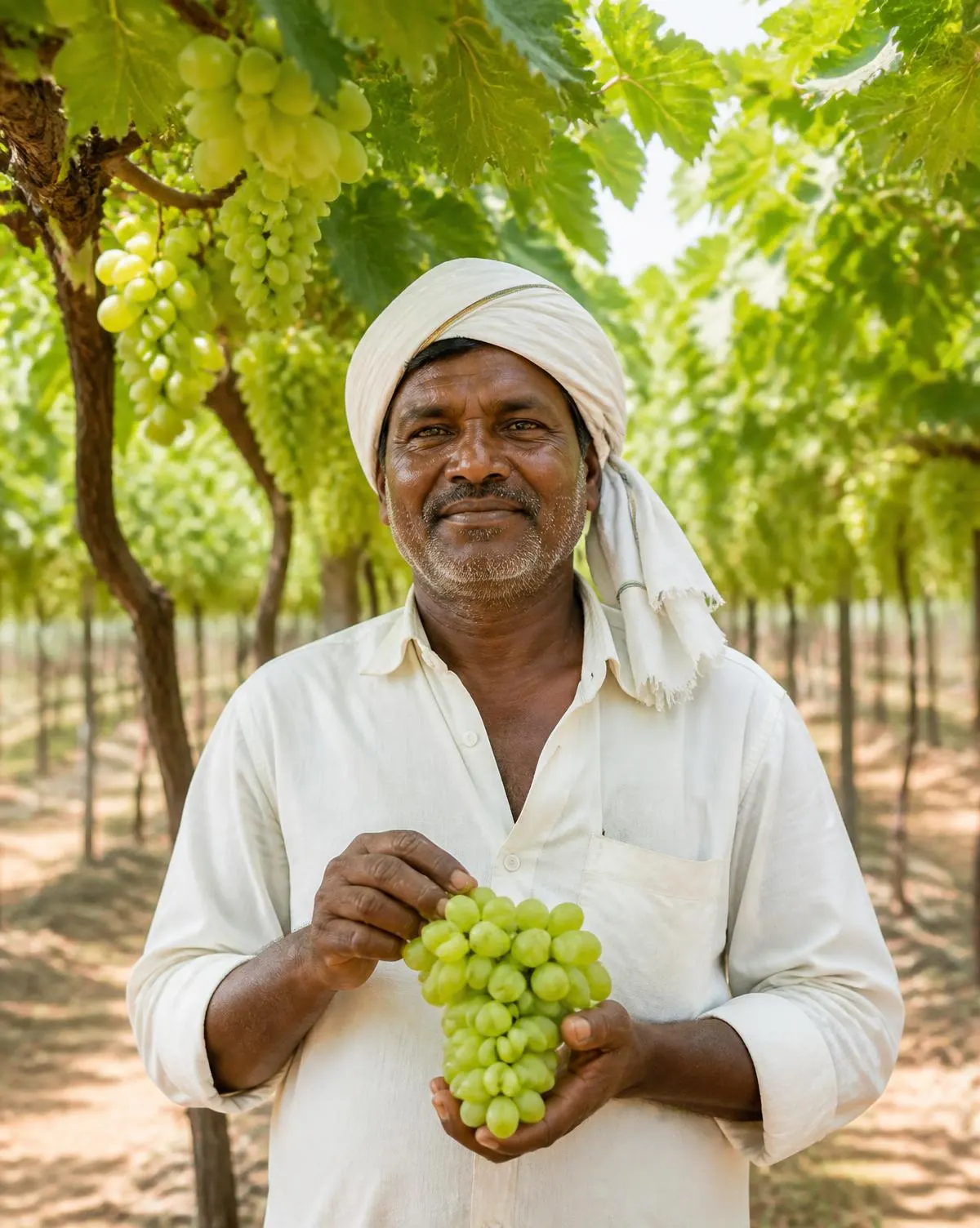 A GLOBALG.A.P. certified grower standing among grape vines in Maharashtra, India