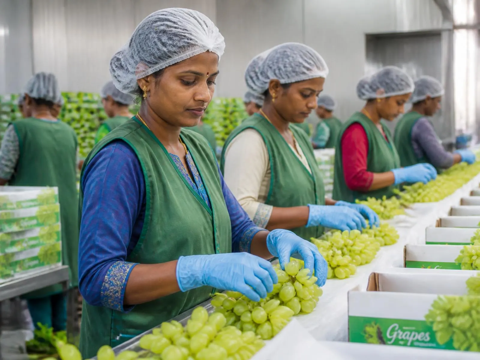 Women workers in hairnets and gloves grading and packing fresh grapes on a packhouse line