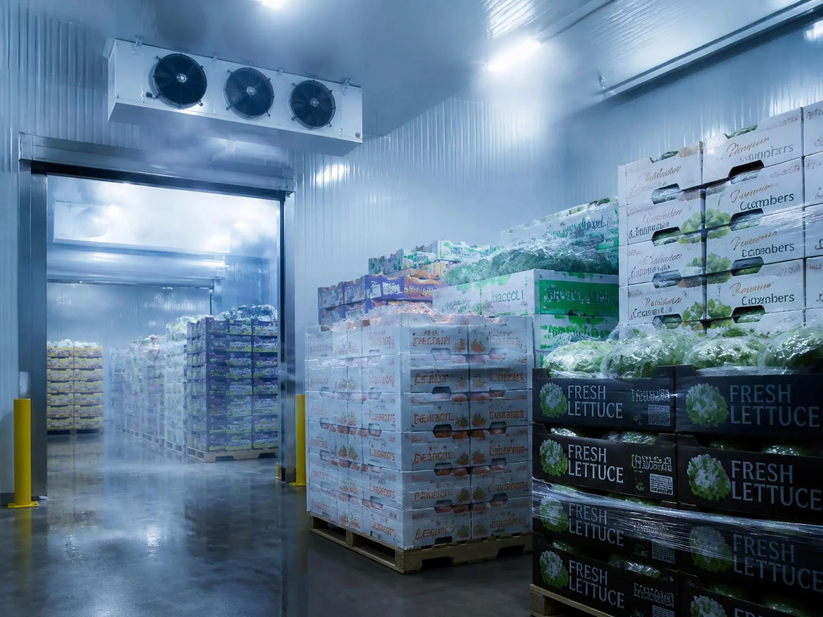 Pallets of boxed fresh produce held inside a cold storage room