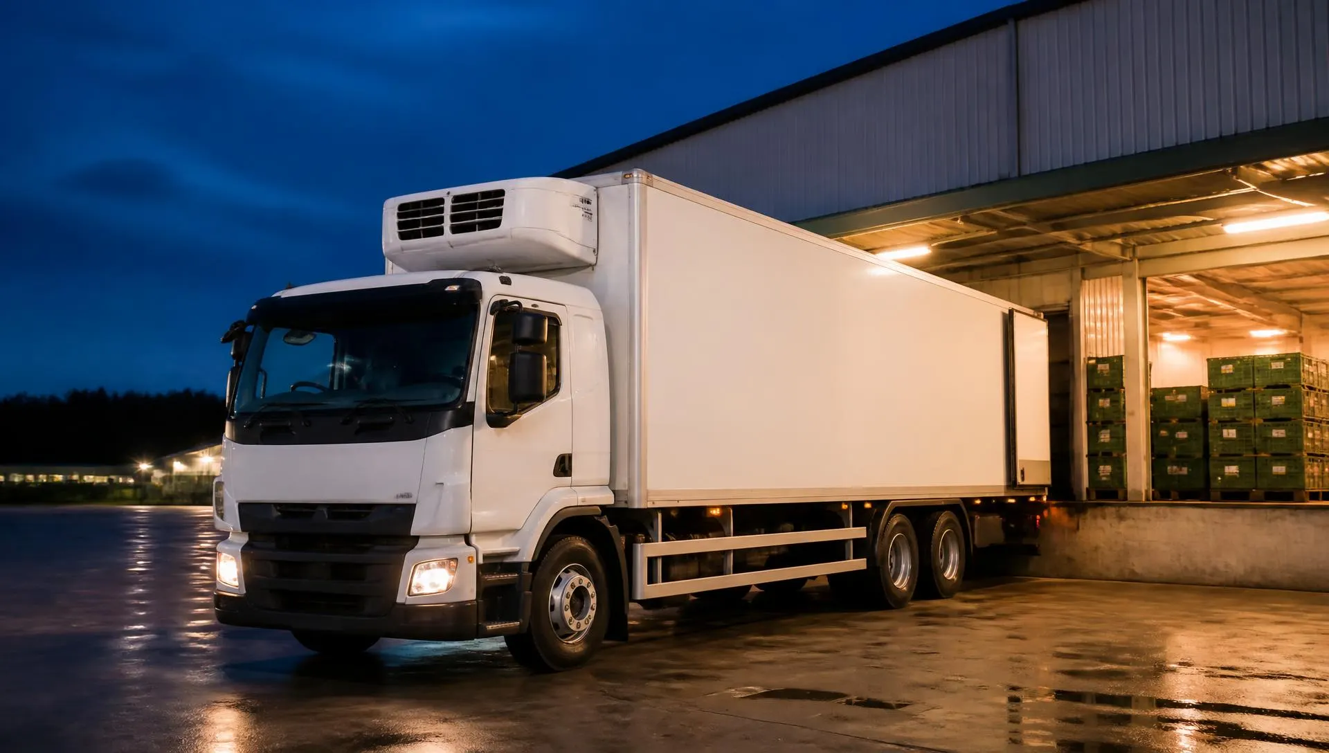 A refrigerated truck loading boxed fresh produce at a packhouse dock at dusk