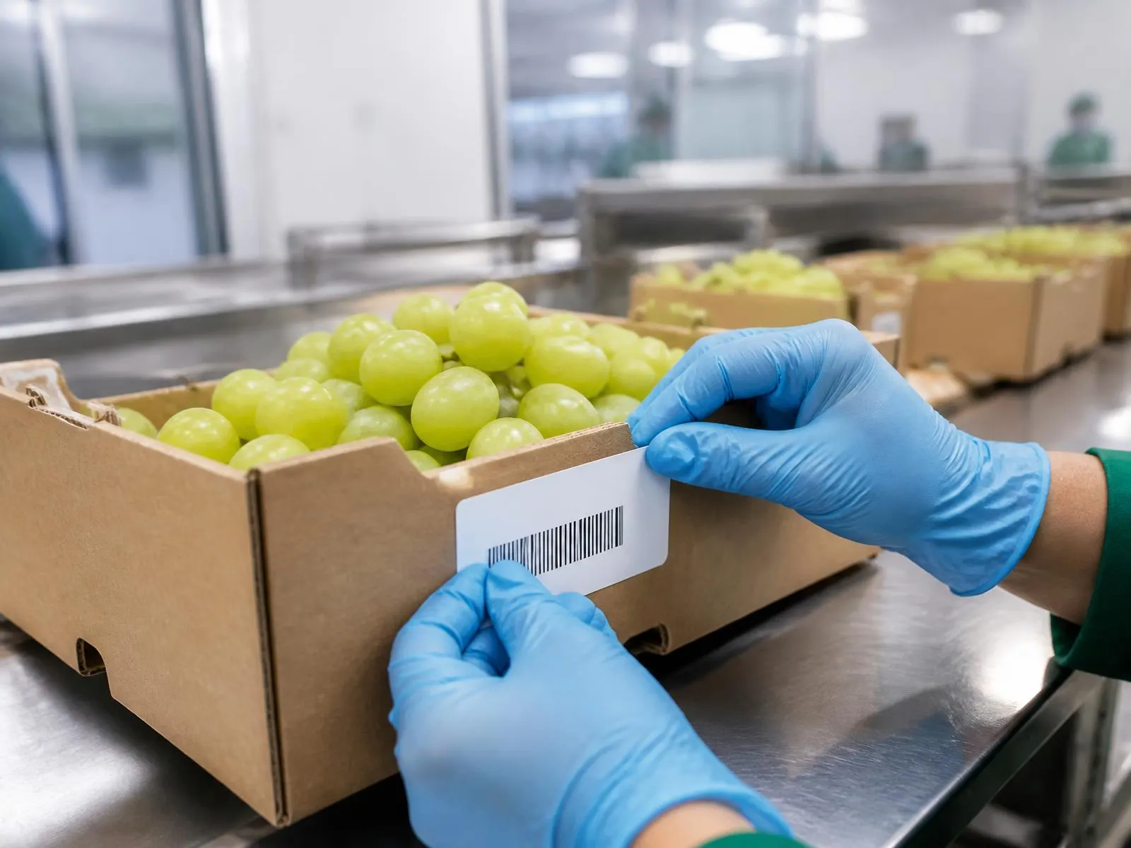 A packhouse worker applying a barcode traceability label to a carton of fresh grapes