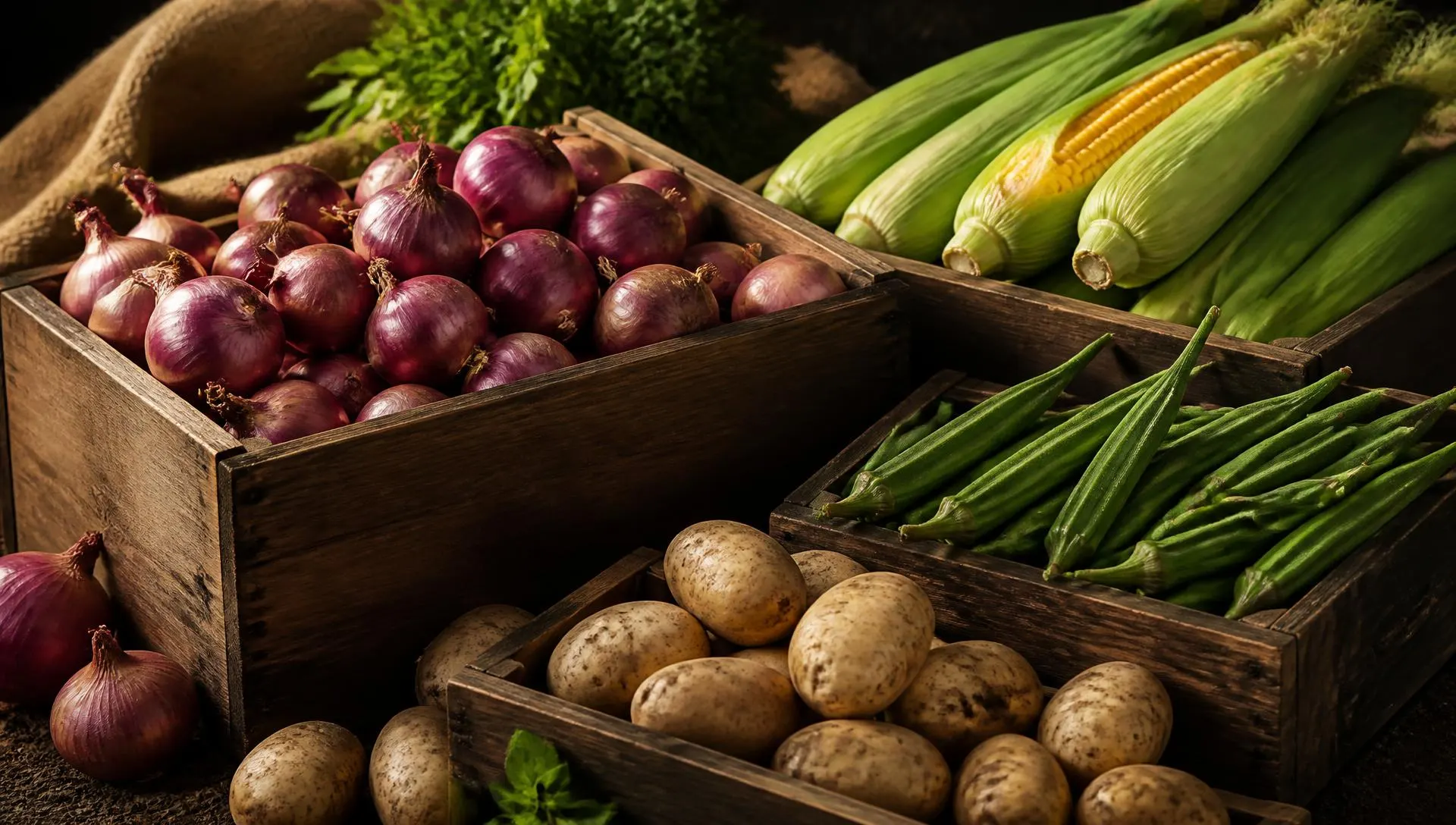 Crates of freshly harvested red onions, potatoes, okra and sweet corn