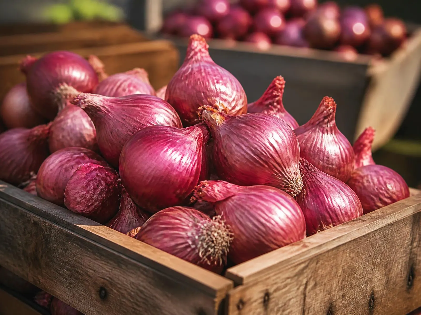 Glossy Indian red onions piled in a wooden field crate