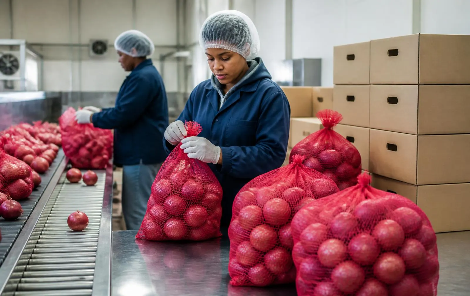 Red onions being packed into mesh bags and cartons on a packhouse line