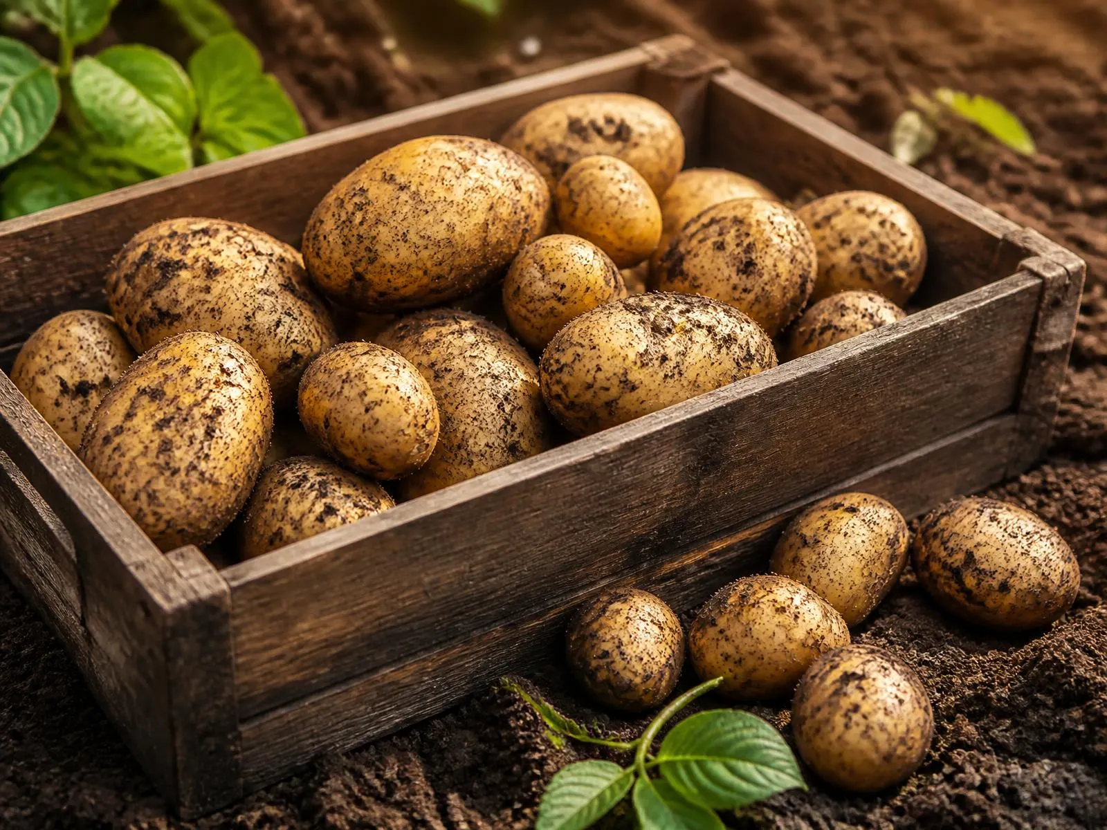 Freshly harvested potatoes in a wooden crate on dark soil